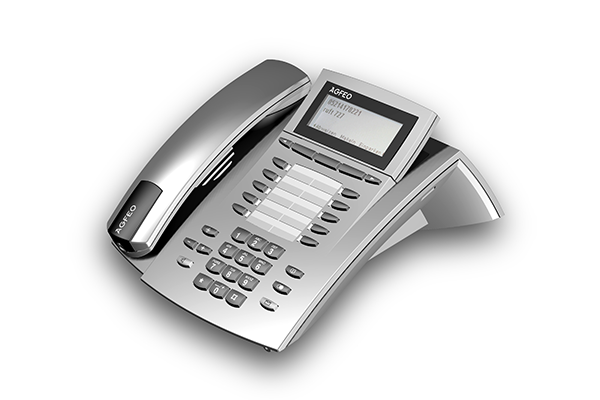 ST 40, Produktdesign-Studie von Constin, Rendering aus SolidWorks: silbernes Telefon mit schwarzen Akzenten, einem Tastenblock und schrägangestelltem Display. Hörer liegt links auf.