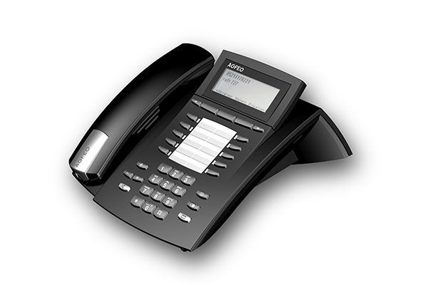 ST 40, Produktdesign-Studie von Constin, Rendering aus SolidWorks: schwarzes Telefon mit silbernen Akzenten, einem Tastenblock und schrägangestelltem Display. Hörer liegt links auf.