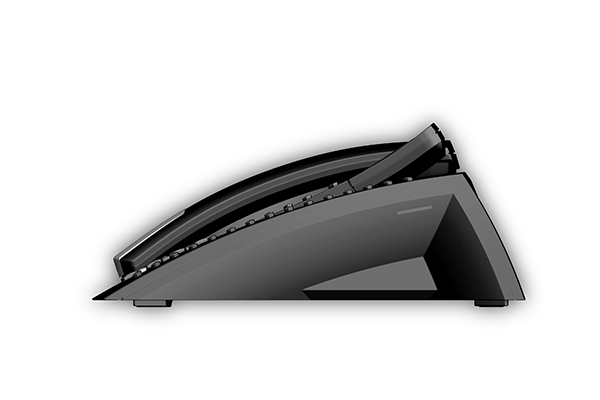 ST 40, Produktdesign-Studie von Constin, Rendering aus SolidWorks: schwarzes Telefon mit silbernen Akzenten, einem Tastenblock und schrägangestelltem Display. Hörer liegt links auf, Seitensicht