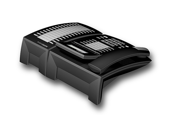 STE 40, Produktdesign-Studie von Constin, Rendering aus SolidWorks: schwarzes Telefon mit silbernen Akzenten, einem Tastenblock und schrägangestelltem Display. Hörer liegt links auf. rechts mit einem Erweiterungsblock für Adressen. Blick von hinten oben