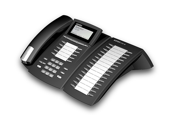 STE 40, Produktdesign-Studie von Constin, Rendering aus SolidWorks: schwarzes Telefon mit silbernen Akzenten, einem Tastenblock und schrägangestelltem Display. Hörer liegt links auf. rechts mit einem Erweiterungsblock für Adressen.