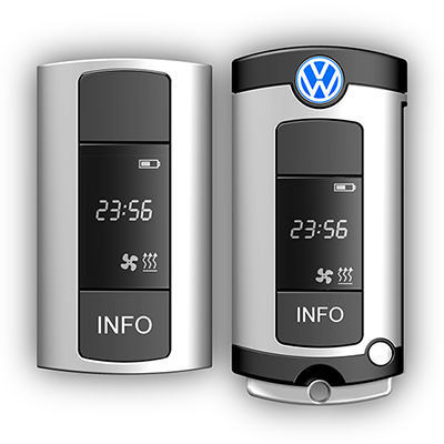 Funkfernbedienung für VW: Produktdesign von Constin, hier: Rendering aus SolidWorks von zwei schwarz-silbernen Kunststoffgehäusen mit VW-Emblem, Frontalsicht