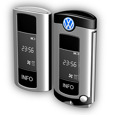 Funkfernbedienung für VW: Produktdesign von Constin, hier: Rendering aus SolidWorks von 2 schwarz-silbernen Kunststoffgehäusen, perspektivisch mit VW-Emblem