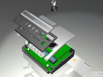 P8, Projektbetreuung vom Produktdesign bis zur Kleinserie von Constin, das Rendering aus SolidWorks zeigt ein Kunststoffgehäuse eines silbernen Pults, Explosionsdarstellung