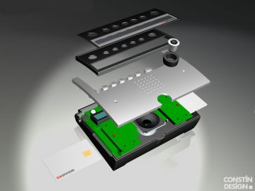 P8, Projektbetreuung vom Produktdesign bis zur Kleinserie von Constin, das Rendering aus SolidWorks zeigt ein Kunststoffgehäuse eines silbernen Pults, Explosionsdarstellung der Bauteile