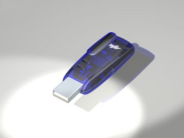 BlueFRITZ!, Produktdesign + Engineering +Prototyping (CNC-Fräse) made by Constin, das Redering aus SolidWorks zeigt einen blauen Stick mit USB-Stecker, der bluetoothfähig ist, Spotlight